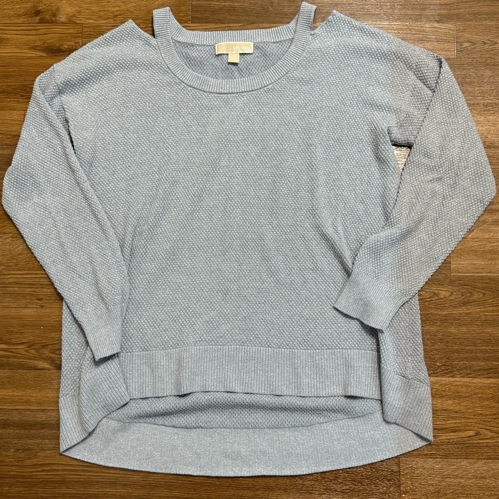 Michael Kors gray silver sparkle peek a boo shoulder split hem sweater XL EUC